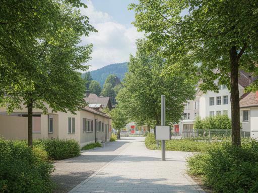 Fussweg im Zentrum von Baar mit Wegweiser Richtung Burgmatt und Schulhaus