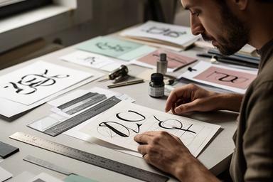 Thomas Kunz prüft eine typografische Komposition mit gedruckten Buchstabenproben