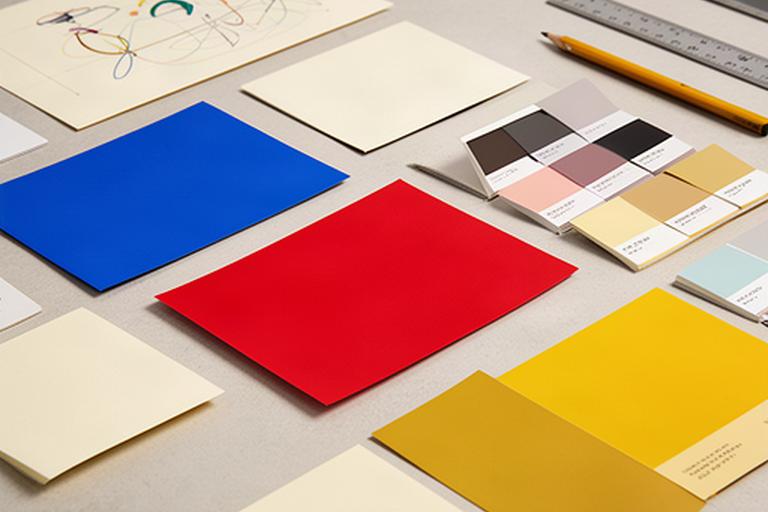Farbkarten und Notizen zur Wirkung von Blau, Rot und Gelb in einem Designstudio