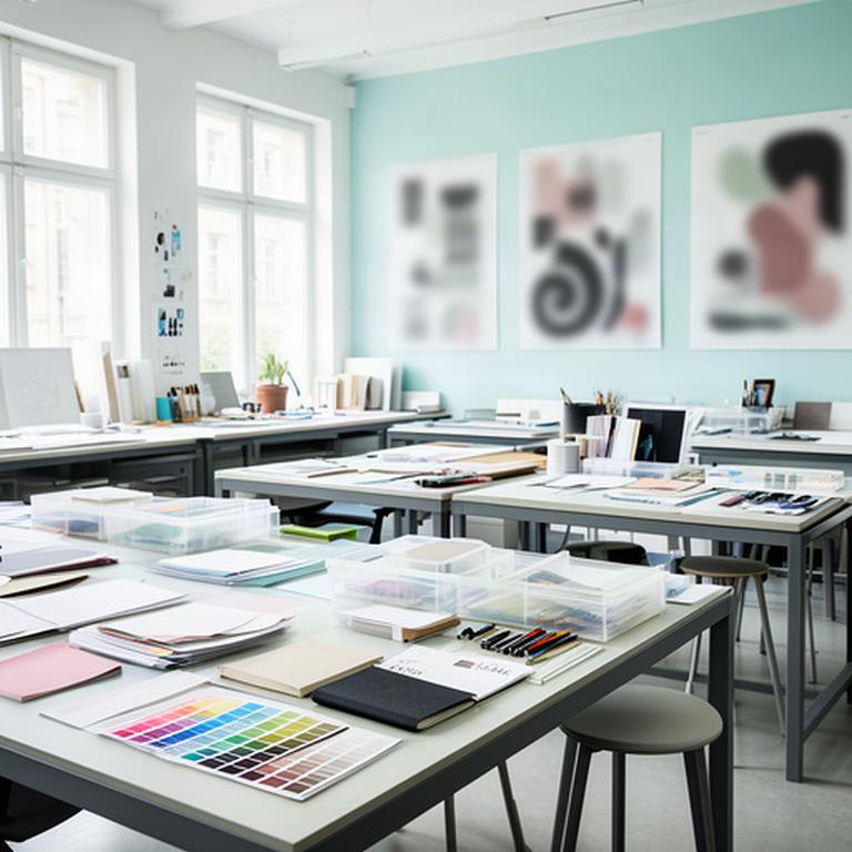Helles Grafikdesign-Atelier von Denkmal Graphik Werkstatt GmbH mit Arbeitstischen, Farbfächern und Plakaten an der Wand