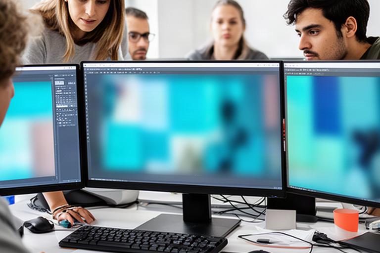 Teilnehmende retuschieren ein Bild am Computer während eines Photoshop-Grundlagenkurses