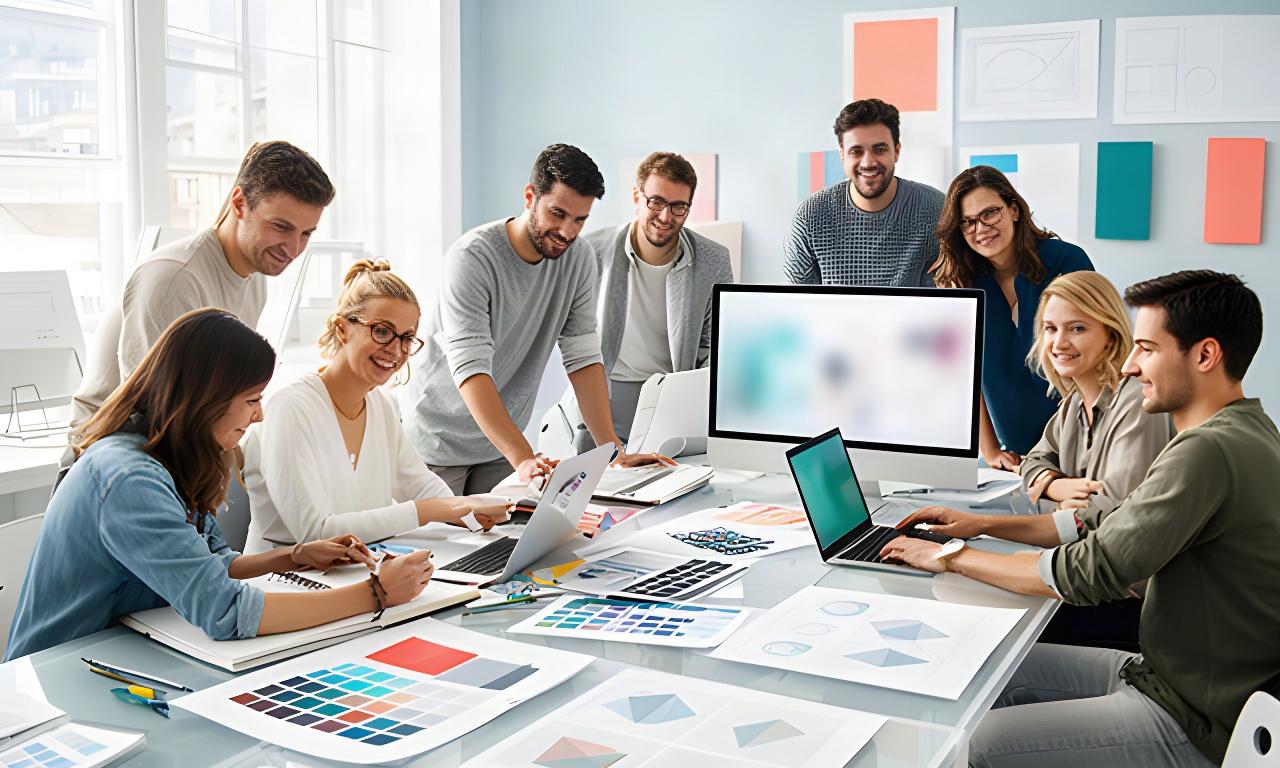 Teilnehmende arbeiten in einem hellen Grafikdesign-Studio in Baar an Layouts und Farbkonzepten