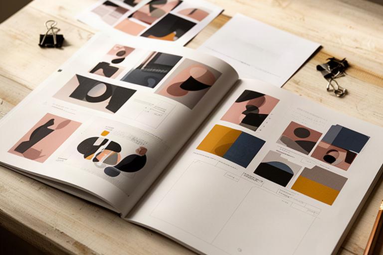 Offenes Designportfolio mit Plakatentwürfen und handschriftlichen Anmerkungen auf einem Tisch