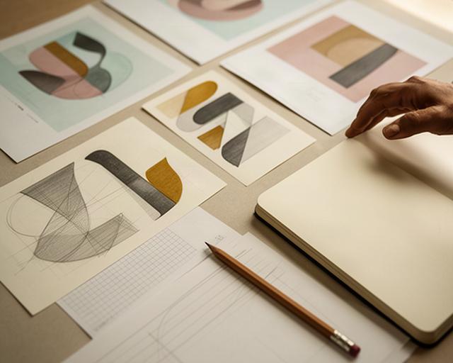 Schriftproben und typografische Skizzen neben einem Notizbuch im Typografiekurs